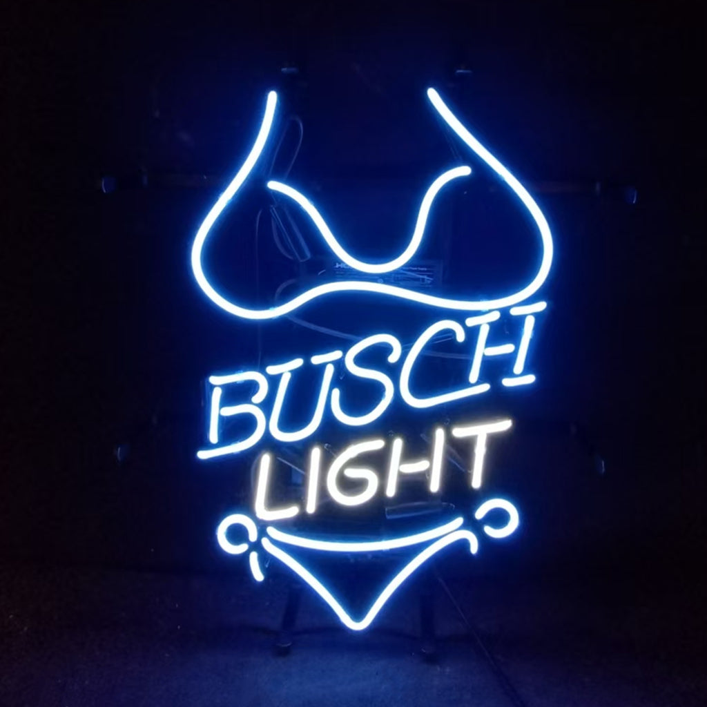 Neon light bikini sign with BUSCH LIGHT lettering, glowing blue