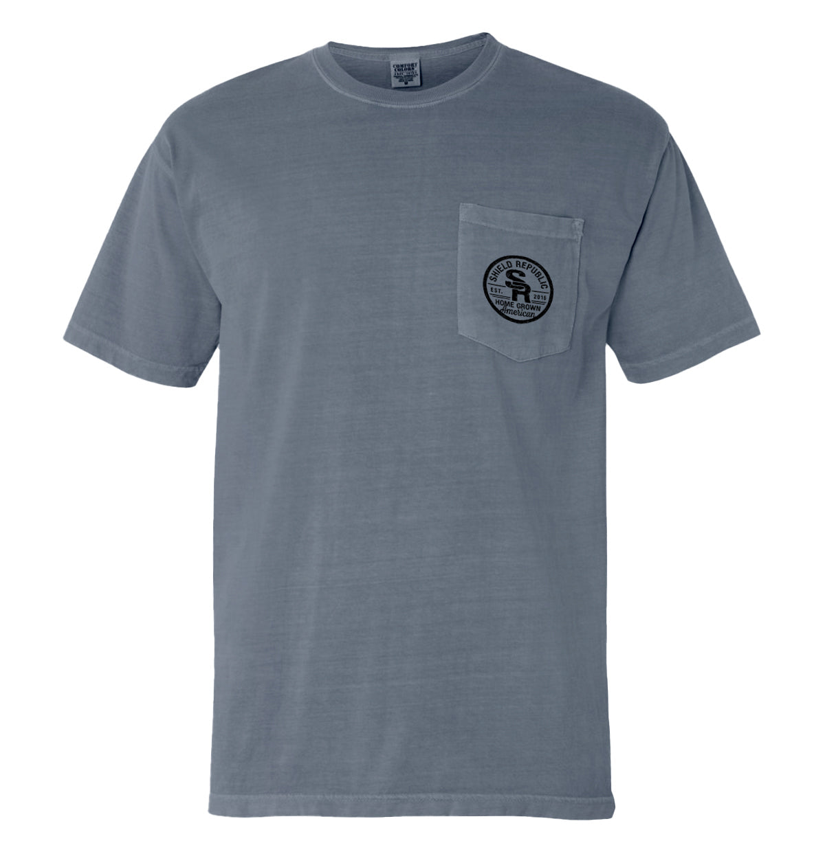 Grey T-shirt with front pocket and small chest logo