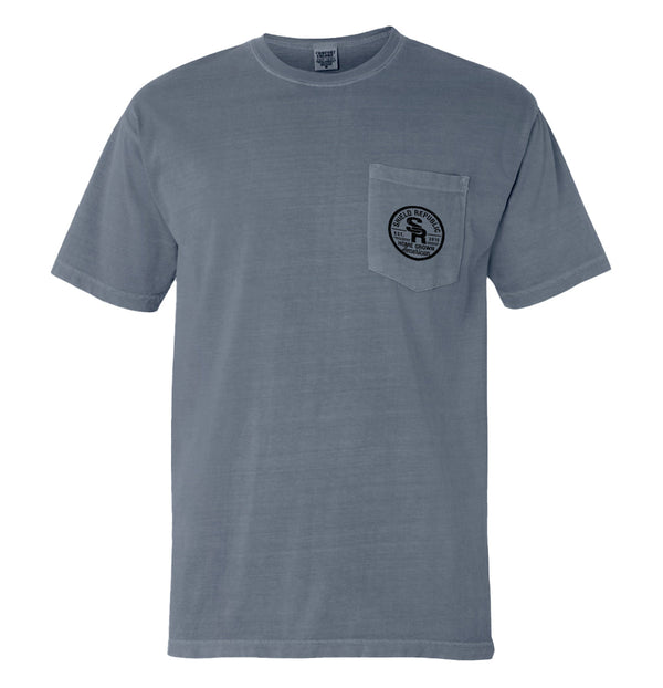Grey T-shirt with front pocket and small chest logo