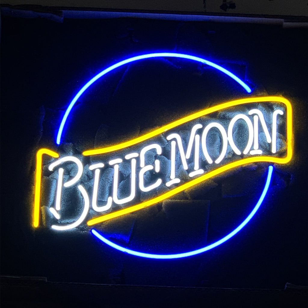 Blue Moon neon beer light sign with yellow border and blue glowing moon