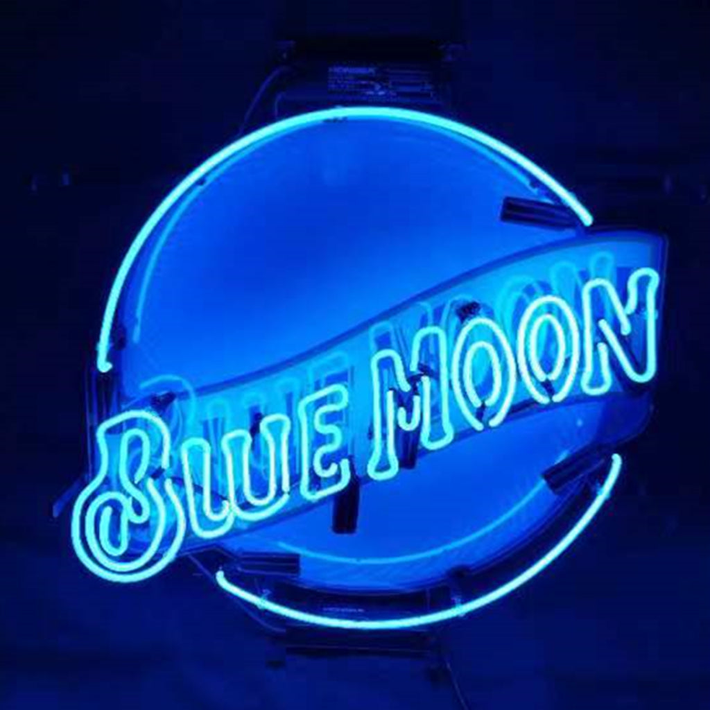 Blue Moon beer neon logo sign with glowing blue circle and script text