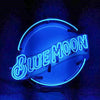 Blue Moon beer neon logo sign, blue halo circle with script text in neon