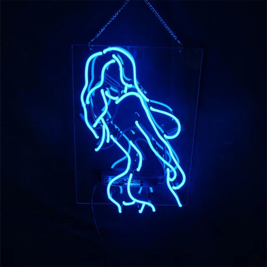 Neon light sign with blue outline of a female figure, framed by a hanging chain