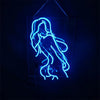 Neon light sign with blue outline of a female figure, framed by a hanging chain
