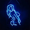 Blue neon outline light sign featuring a female figure on a clear square panel