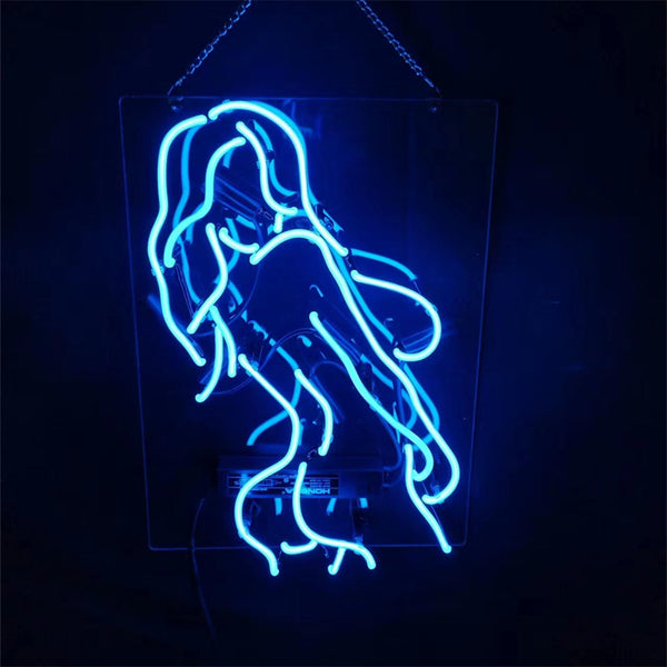Blue neon outline light sign featuring a female figure on a clear square panel
