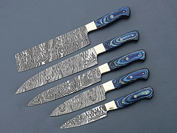 Damascus Steel Chef Knife Set of 5 – Blue Handles For the Chef Orklo Knives