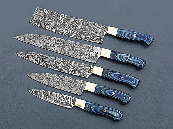 Damascus Steel Chef Knife Set of 5 – Blue Handles