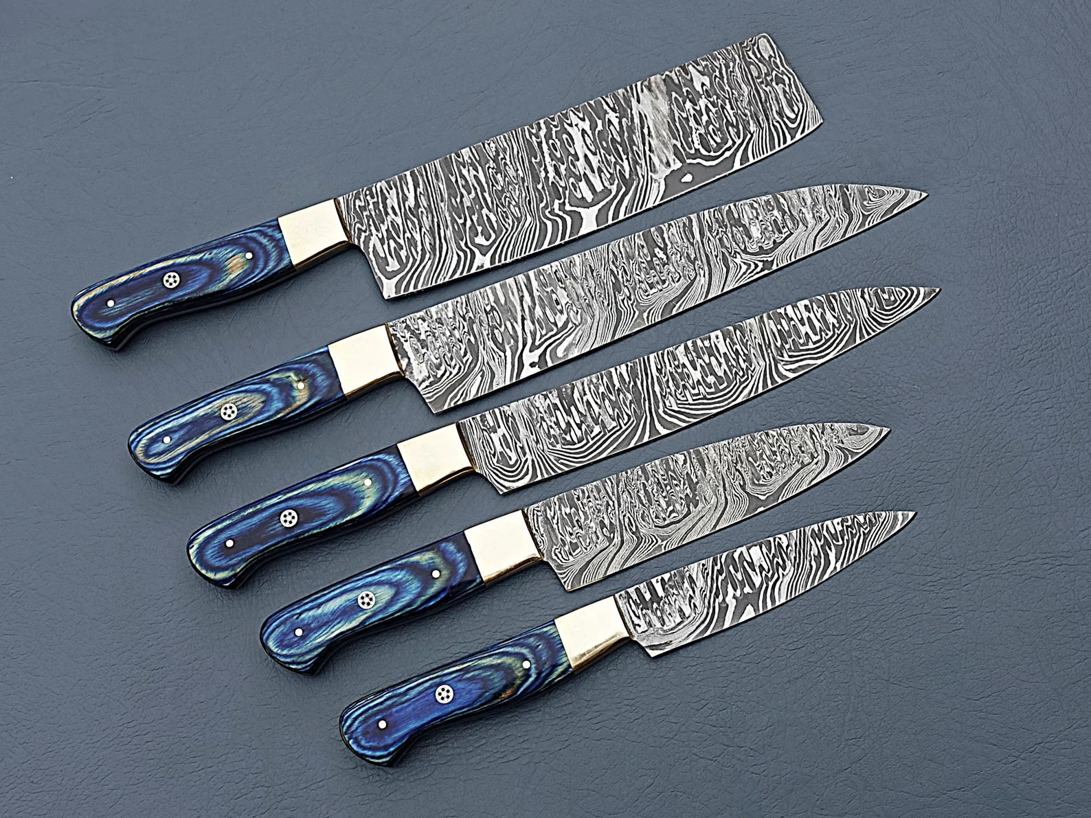 Damascus Steel Chef Knife Set of 5 – Blue Handles For the Chef Orklo Knives