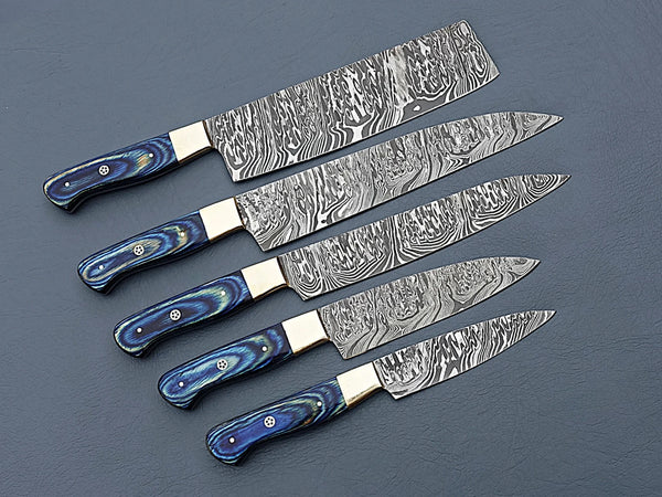 Damascus Steel Chef Knife Set of 5 – Blue Handles