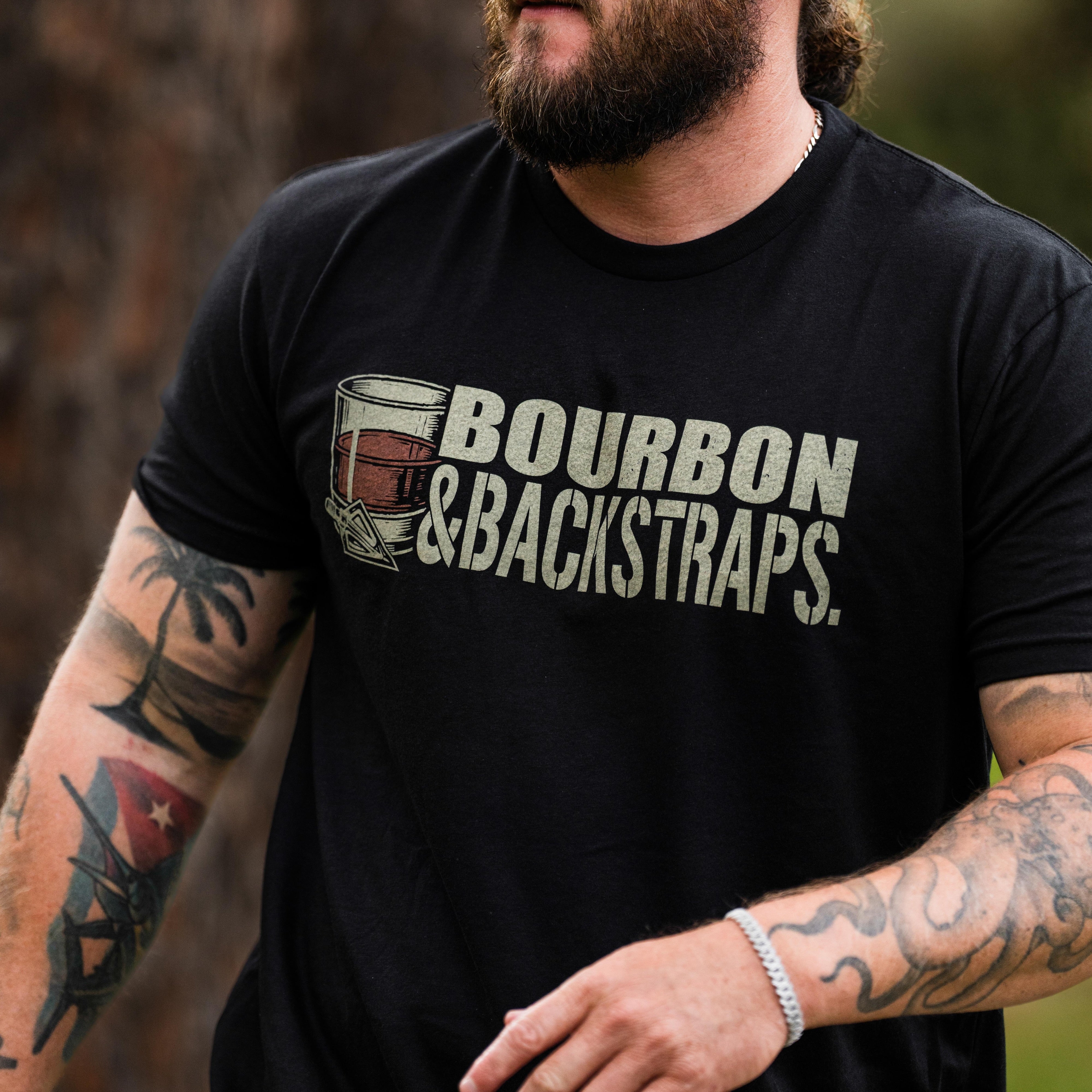 Black short-sleeve crewneck T-shirt with Bourbon & Backstraps print, front close-up