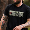 Black short-sleeve crewneck T-shirt with Bourbon & Backstraps print, front close-up