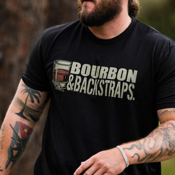 Black short-sleeve crewneck T-shirt with Bourbon & Backstraps print, front close-up