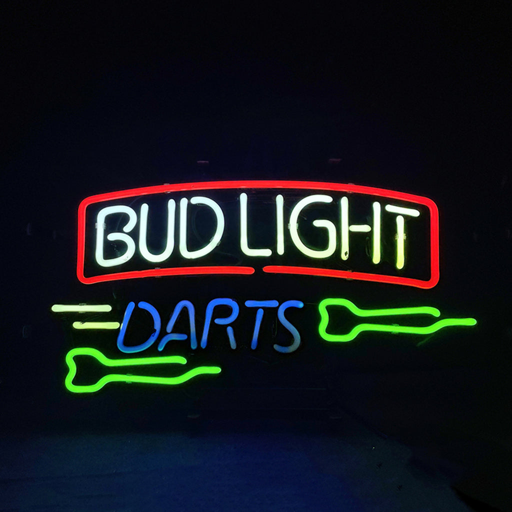 Neon sign with Bud Light text and Darts icons, red border with white and green glow