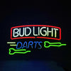 Neon sign with Bud Light text and Darts icons, red border with white and green glow