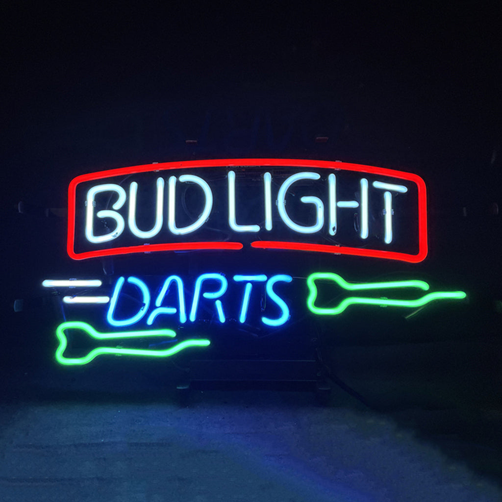 Neon light sign reading Bud Light Darts, red outline with white and green letters