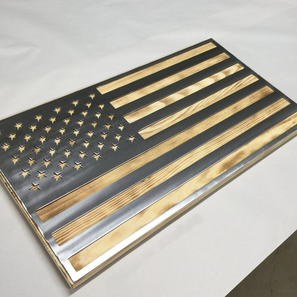 Metal American Flag on Rustic Burnt Wood For the Man Cave McCurdy Woodworking