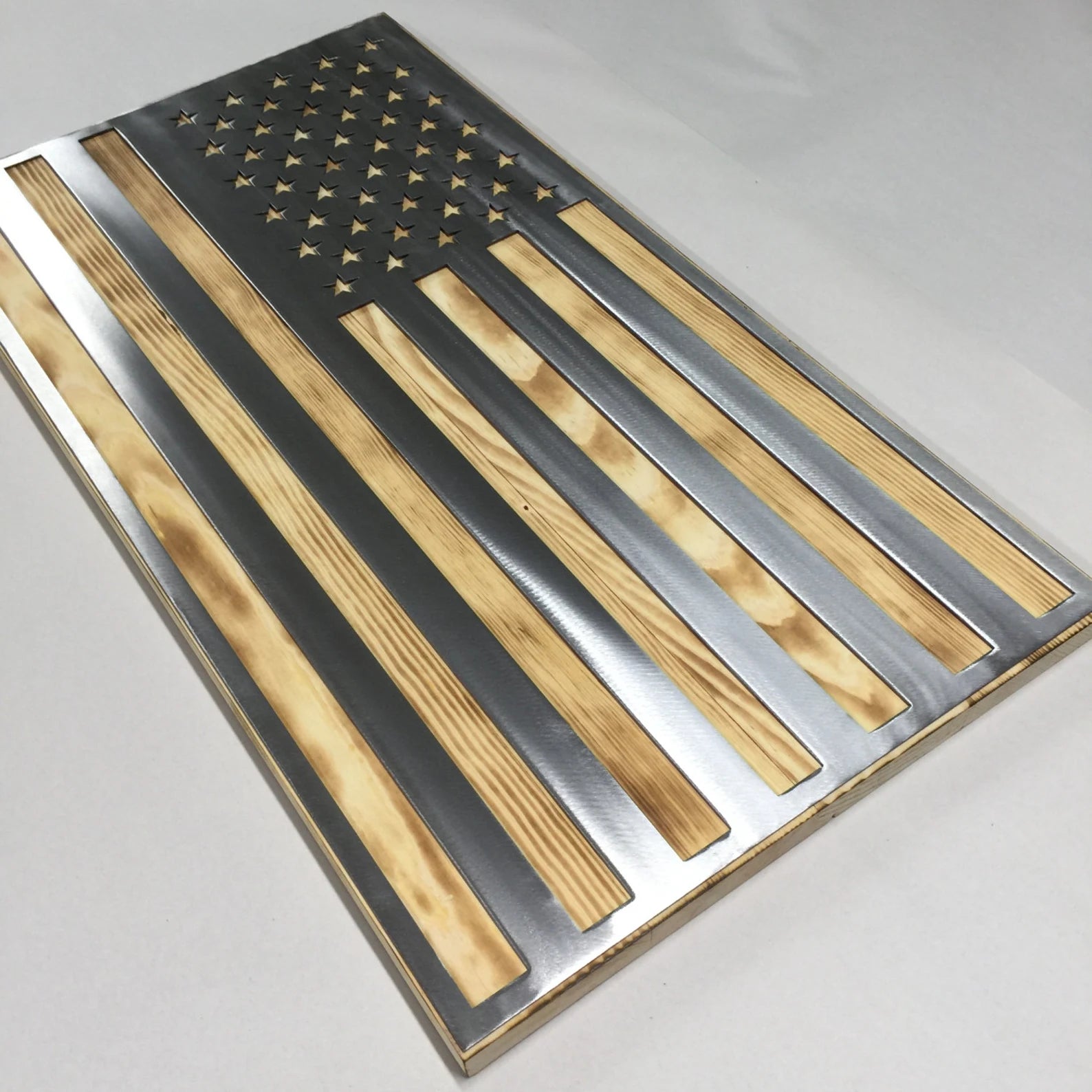 Metal American Flag on Rustic Burnt Wood For the Man Cave McCurdy Woodworking