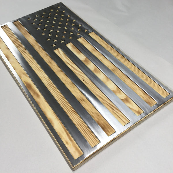 Metal American Flag on Rustic Burnt Wood For the Man Cave McCurdy Woodworking