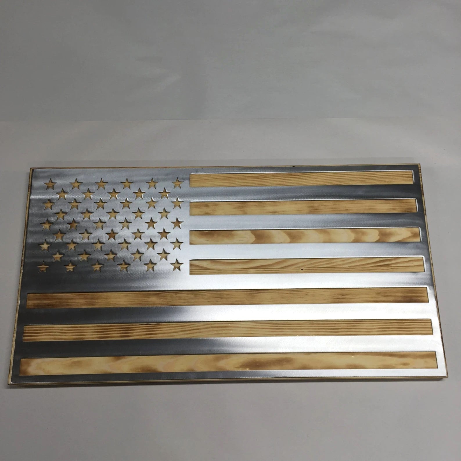 Metal American Flag on Rustic Burnt Wood For the Man Cave McCurdy Woodworking
