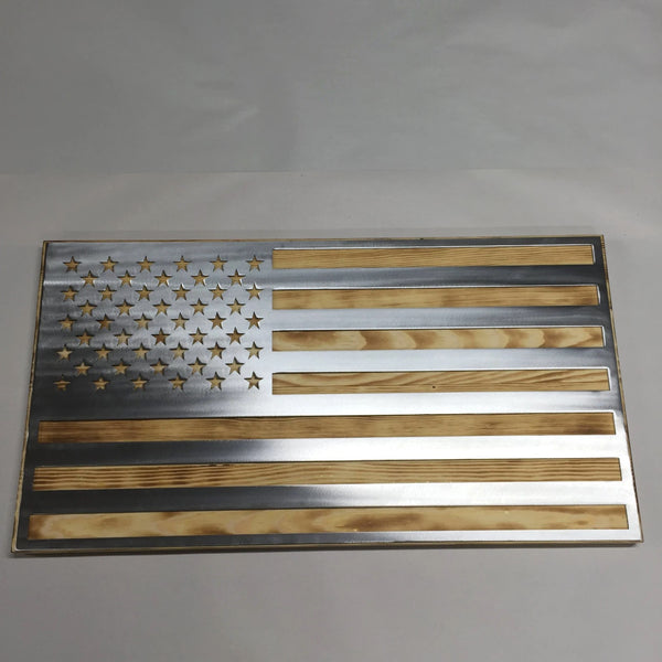 Metal American Flag on Rustic Burnt Wood