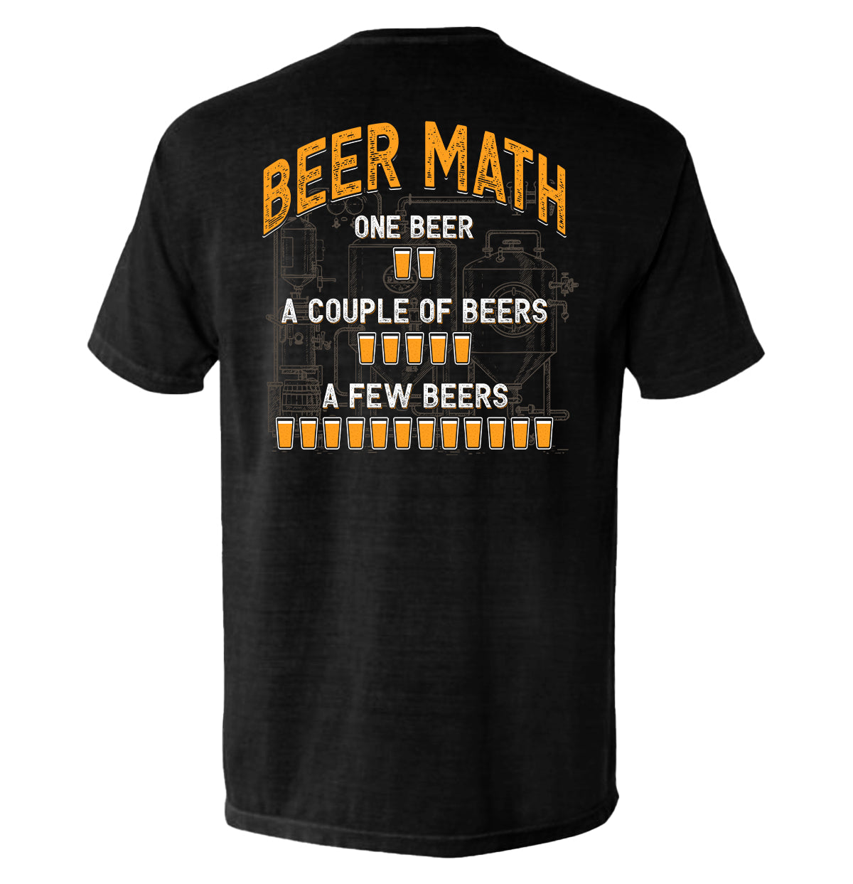 Graphic black T-shirt with orange beer-themed back print and short sleeves