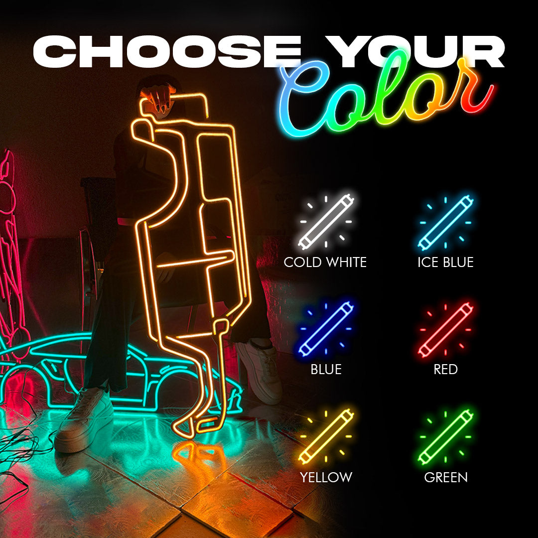 Neon race track wall sign in multiple colors, with color selection icons