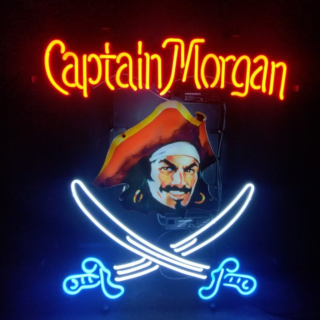 Captain Morgan neon sign featuring pirate portrait, red lettering, and blue glow accents