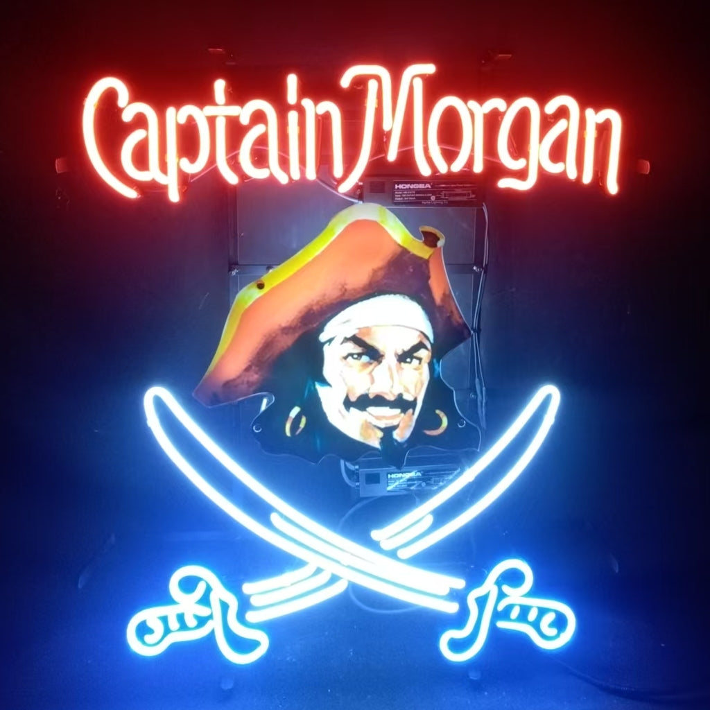 Captain Morgan neon sabre rum sign with pirate portrait and blue saber outline