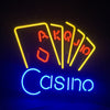 Neon poker sign with red card symbols and blue “Cisino” text