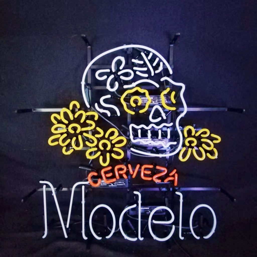 Hanging multicolor neon skull beer sign with CERVEZA and Modelo lettering