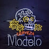 Hanging multicolor neon skull beer sign with CERVEZA and Modelo lettering
