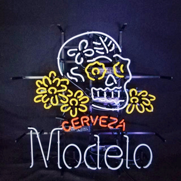 Hanging multicolor neon skull beer sign with CERVEZA and Modelo lettering