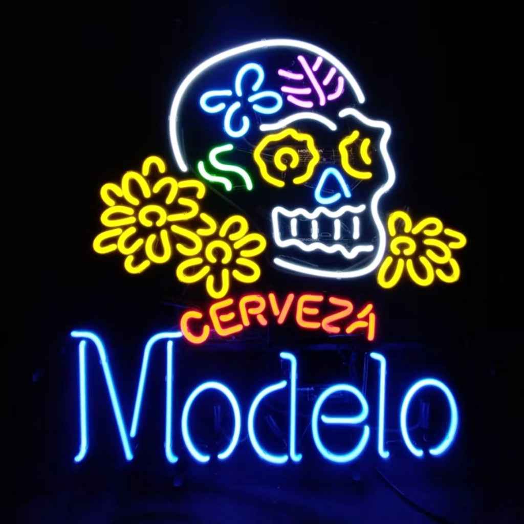 Multicolor neon skull beer sign with CERVEZA and Modelo lettering