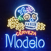 Multicolor neon skull beer sign with CERVEZA text and flower accents