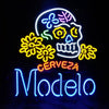 Multicolor neon skull beer sign with CERVEZA and Modelo lettering