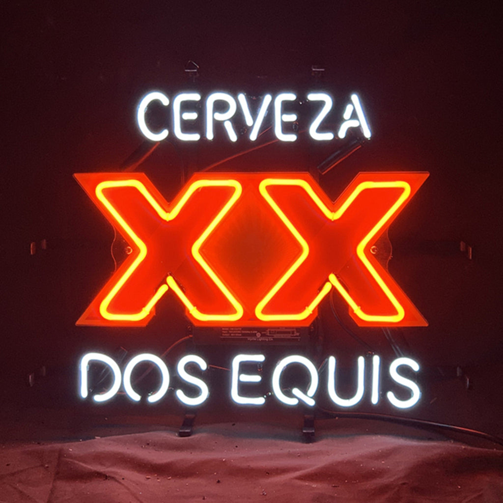 Neon light sign with CERVEZA and DOS EQUIS text, orange-red XX letters