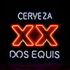 Neon light sign reading CERVEZA DOS EQUIS, orange-red XX with blue-white letters