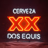 Neon light sign with CERVEZA and DOS EQUIS text, orange-red XX letters