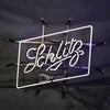 Beer Schlitz neon light sign with white border, Schlitz script on metal frame and stand