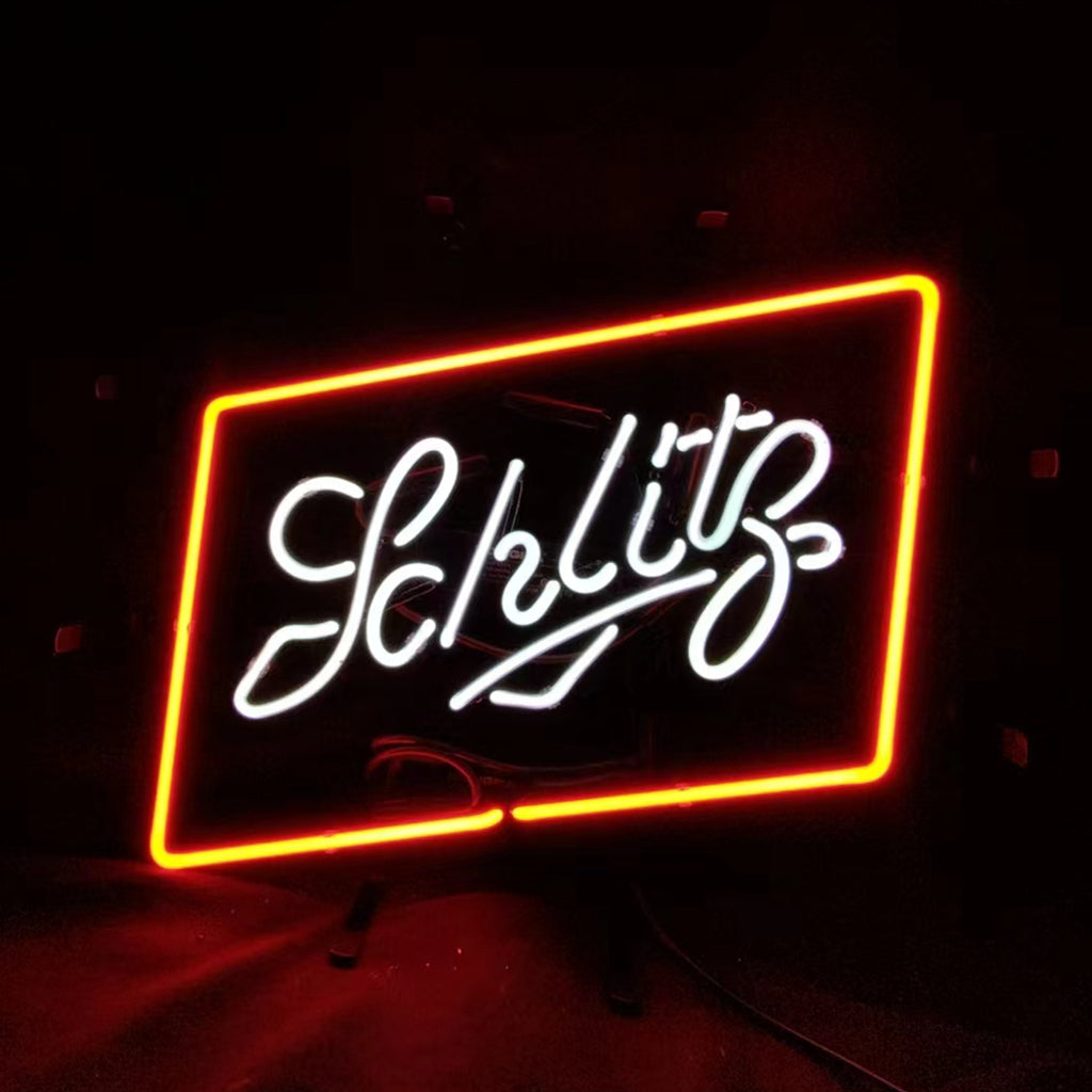 Beer Schlitz neon light sign with red-orange border and bright white Schlitz lettering