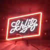Beer Schlitz neon light sign, glowing red border and white Schlitz script on frame
