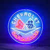 Round Chevrolet Corvette neon sign with blue ring and colored flag helmet graphic