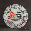 Round Chevrolet Corvette neon sign with silver outline and checkered helmet graphic