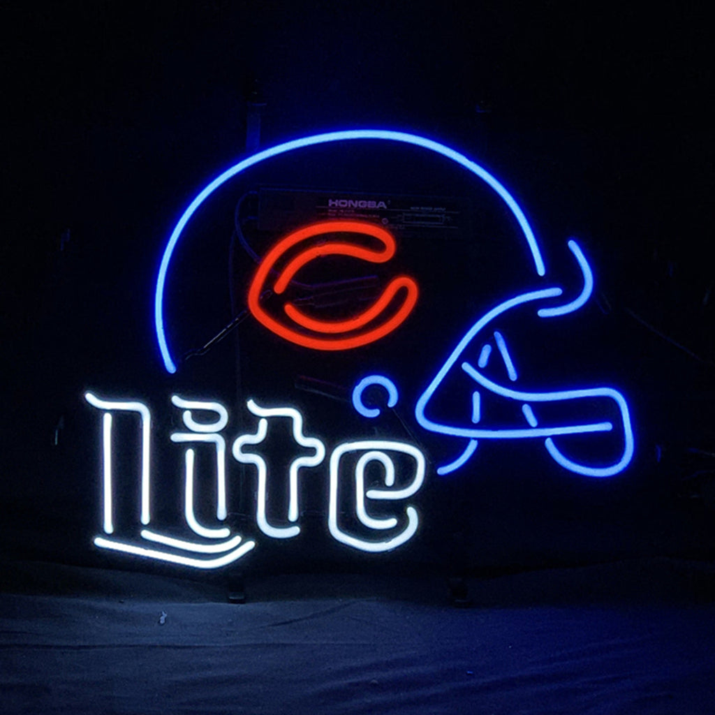Neon beer sign with Lite text and blue helmet frame, red accent glow