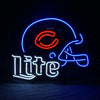 Neon beer sign with Lite text and blue helmet frame, red accent glow