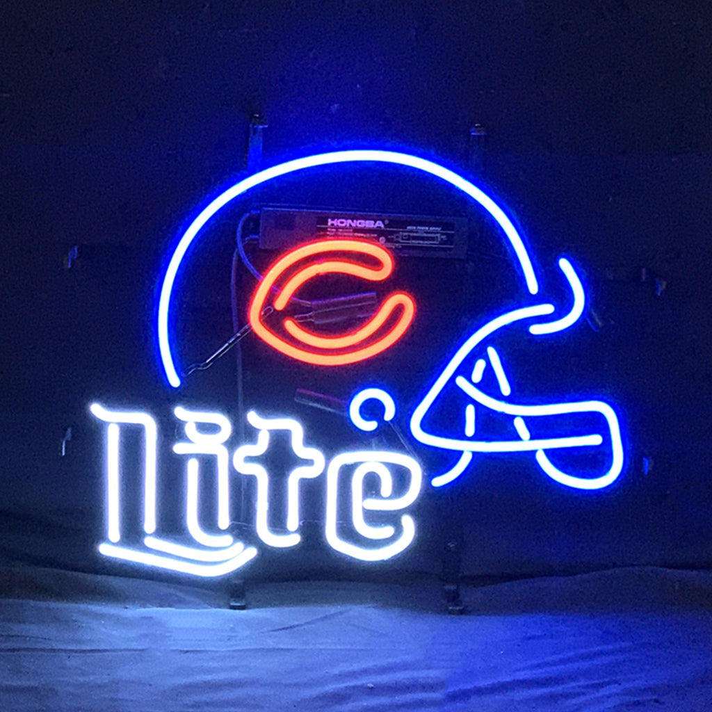 Neon beer sign reading Lite with helmet outline, blue and red glow