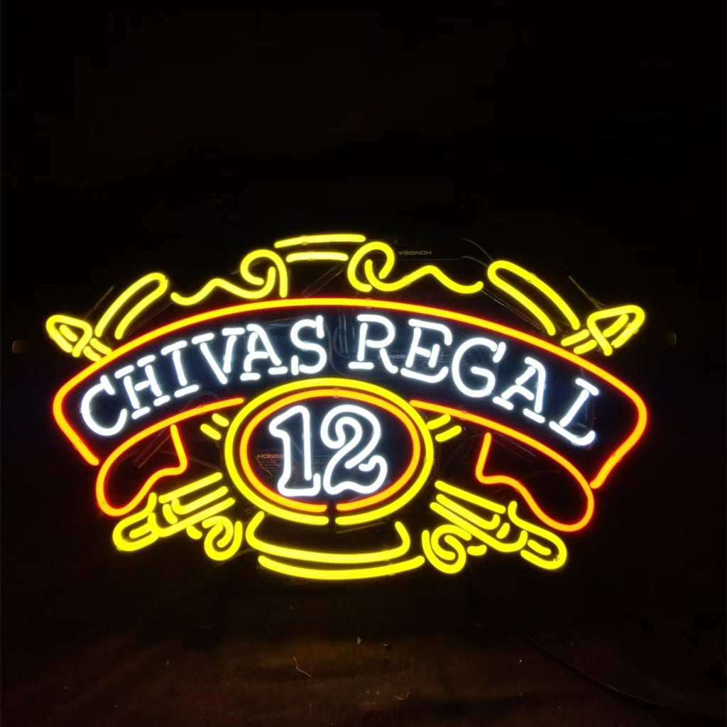 Chivas Regal 12 neon whiskey sign, front view, yellow and red glowing logo