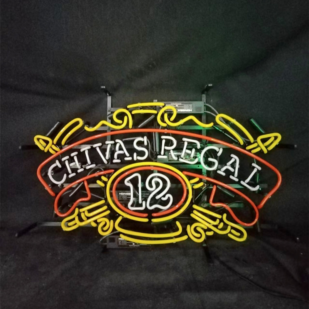 Chivas Regal 12 neon whiskey sign mounted on frame with power cords, red and yellow