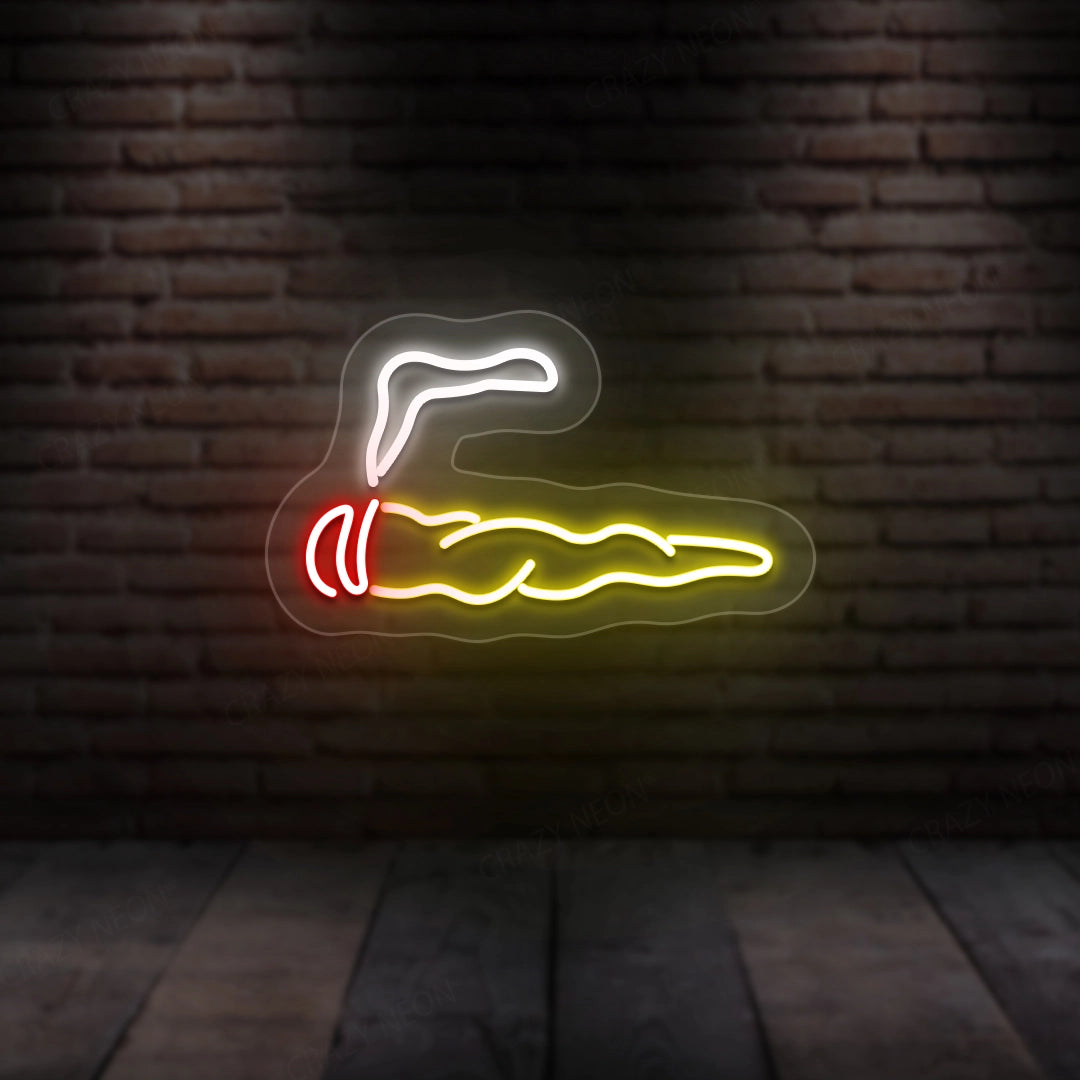 Neon cigar wall sign with white outline, red accents, and yellow smoke glow